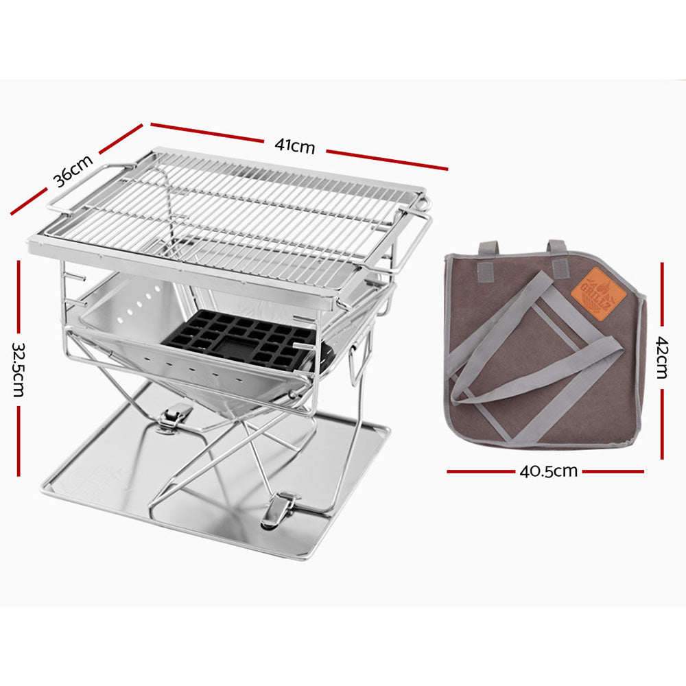 Grillz Portable Fire Pit BBQ made of stainless steel, showcasing its folding design and height-adjustable grill rack, perfect for outdoor cooking.