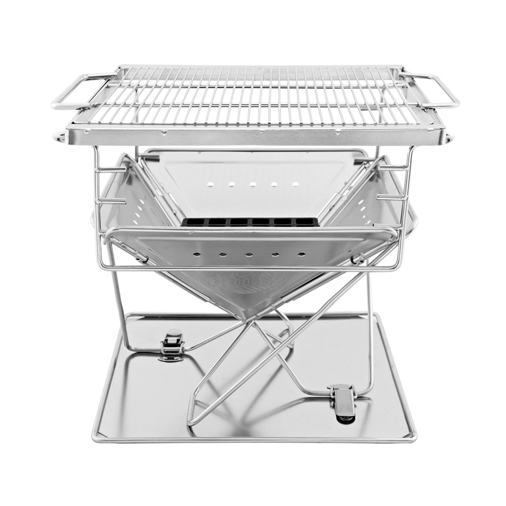 Grillz Portable Fire Pit BBQ made of stainless steel, showcasing its folding design and height-adjustable grill rack, perfect for outdoor cooking.