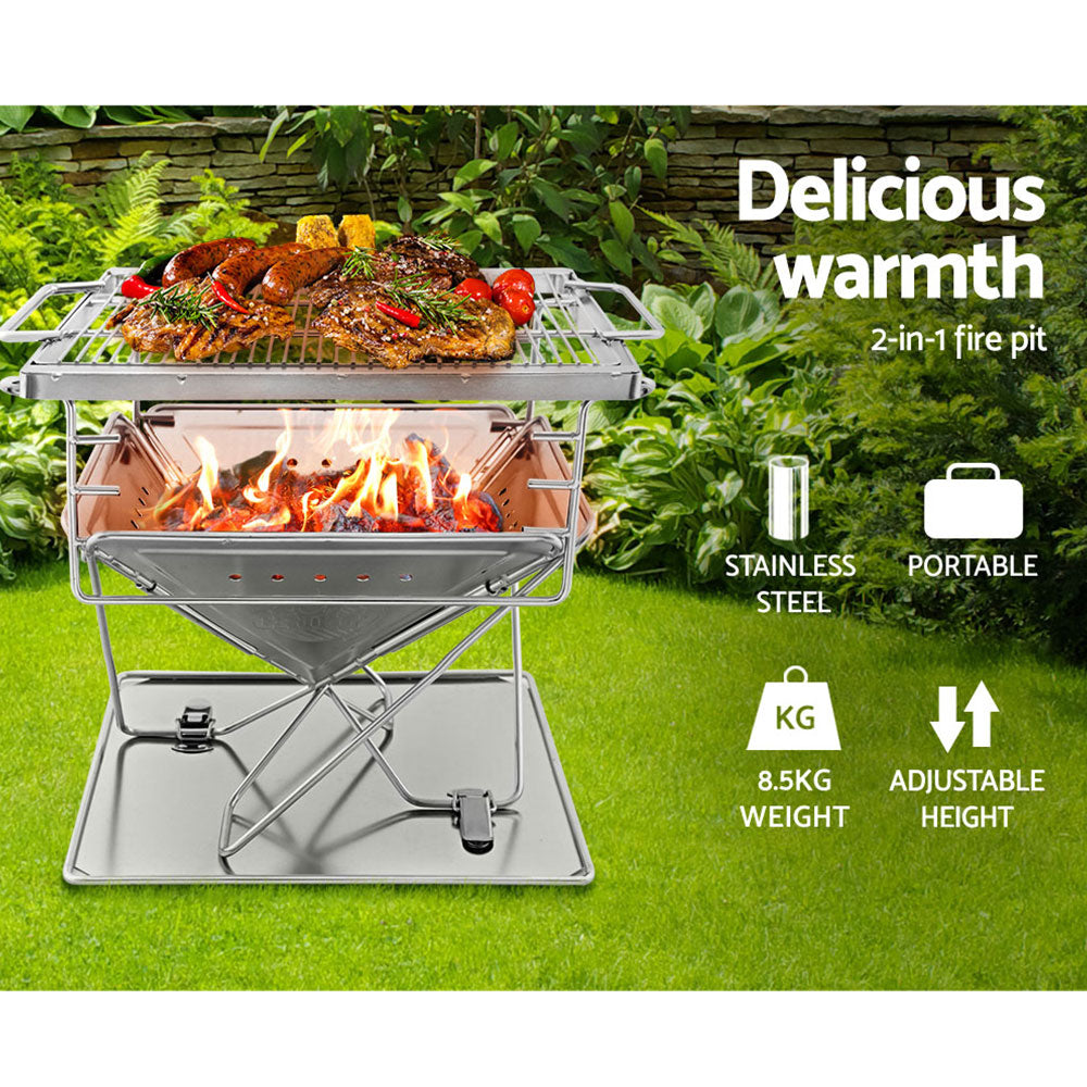 Grillz Portable Fire Pit BBQ made of stainless steel, showcasing its folding design and height-adjustable grill rack, perfect for outdoor cooking.