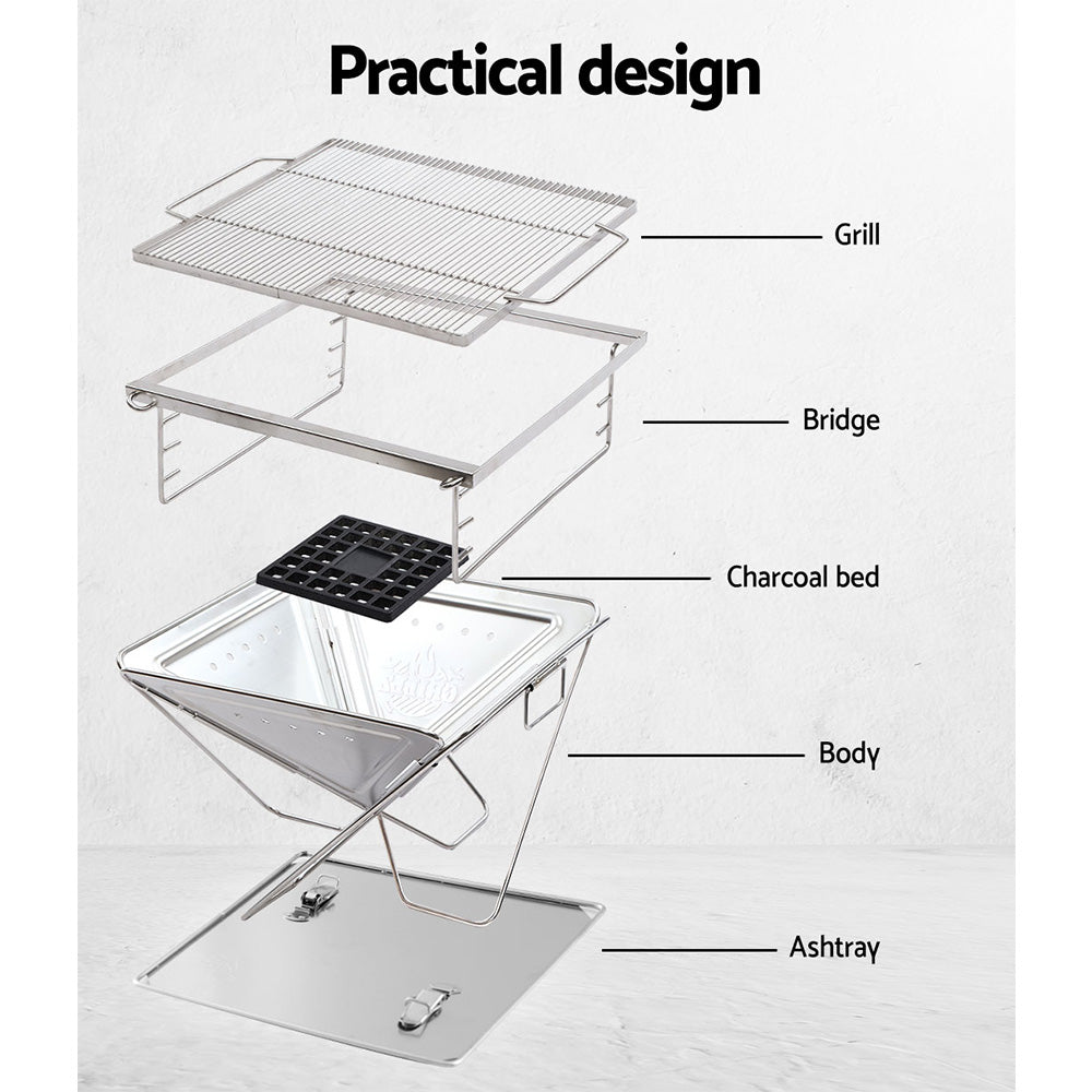 Grillz Portable Fire Pit BBQ made of stainless steel, showcasing its folding design and height-adjustable grill rack, perfect for outdoor cooking.