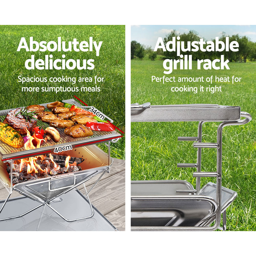 Grillz Portable Fire Pit BBQ made of stainless steel, showcasing its folding design and height-adjustable grill rack, perfect for outdoor cooking.