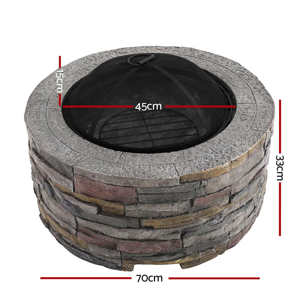 Grillz Fire Pit Outdoor Table featuring faux stone design with a spacious burning area and safety mesh dome.