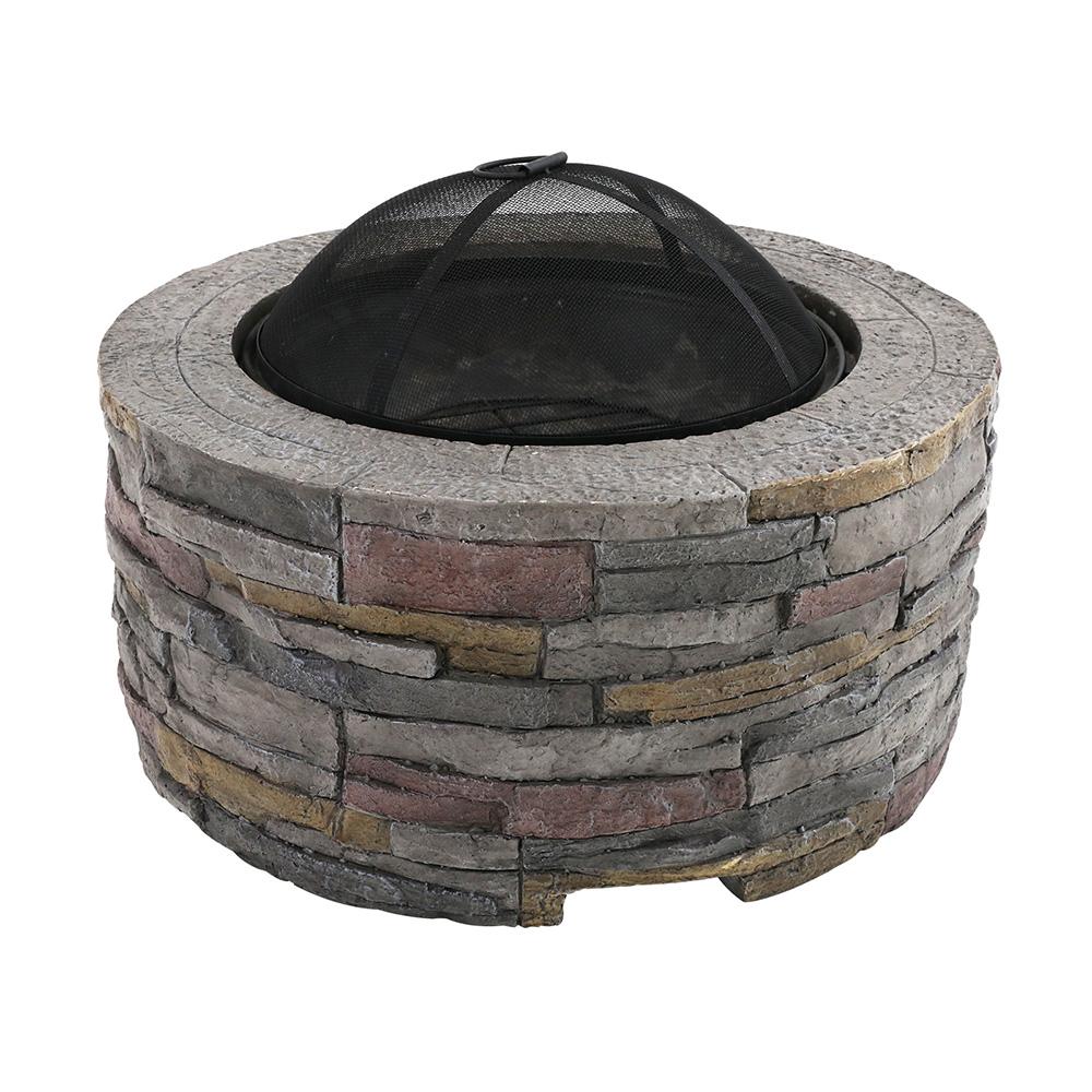 Grillz Fire Pit Outdoor Table featuring faux stone design with a spacious burning area and safety mesh dome.