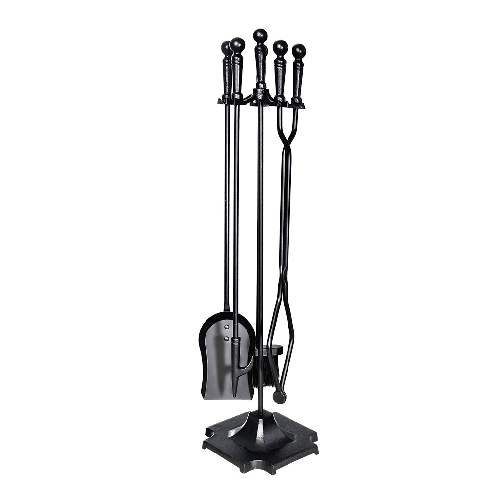 Grillz Fireplace Tool Set featuring a poker, brush, shovel, and clipper on a stylish stand, made of durable cast iron.