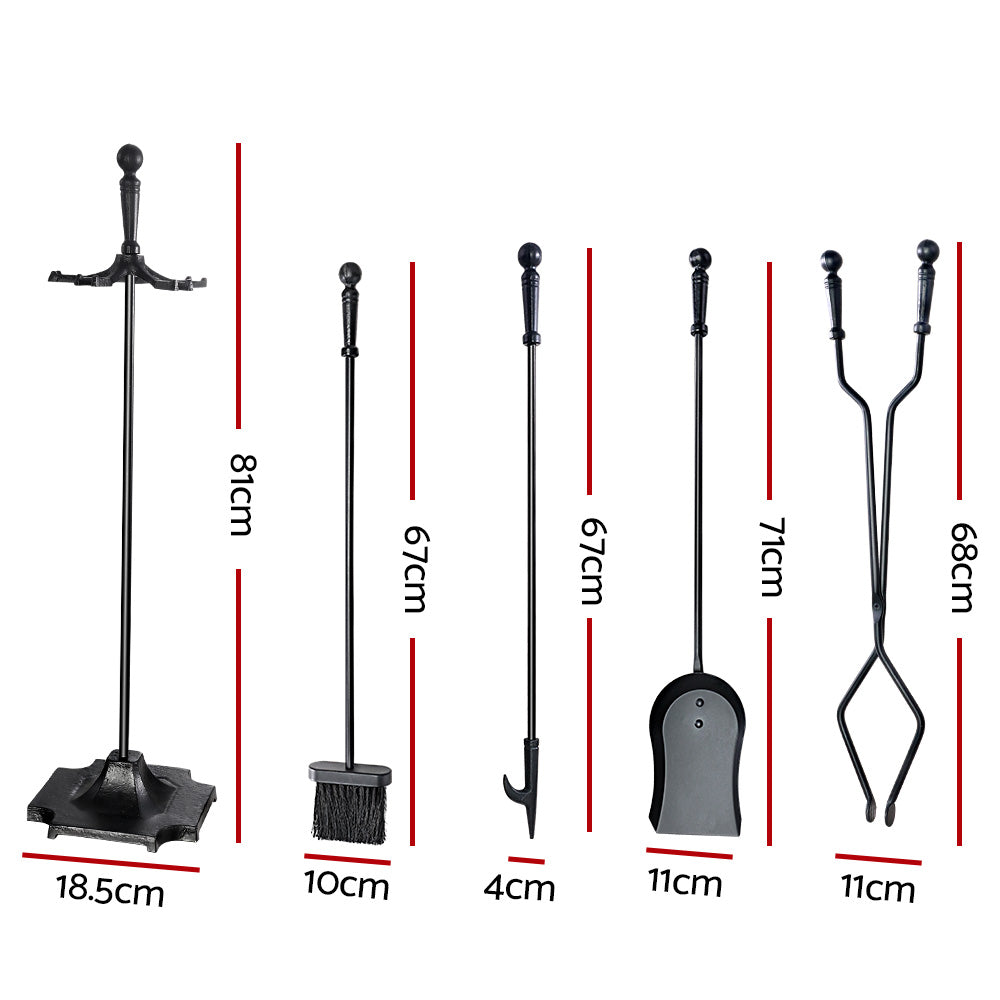 Grillz Fireplace Tool Set featuring a poker, brush, shovel, and clipper on a stylish stand, made of durable cast iron.