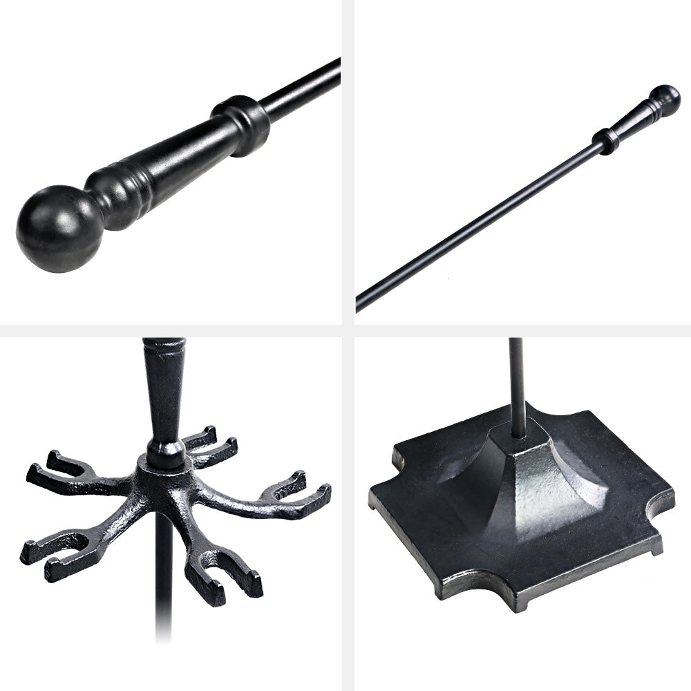 Grillz Fireplace Tool Set featuring a poker, brush, shovel, and clipper on a stylish stand, made of durable cast iron.