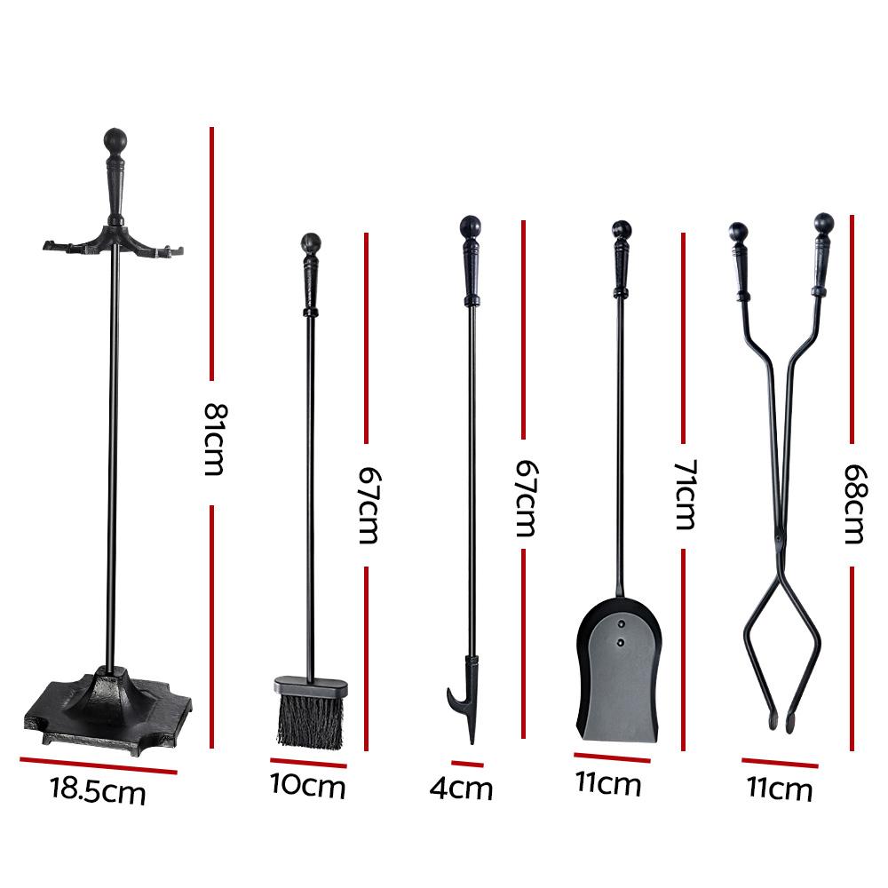 Grillz Fireplace Tool Set featuring a brush, poker, shovel, and clipper on a stand, designed for efficient fireplace management.