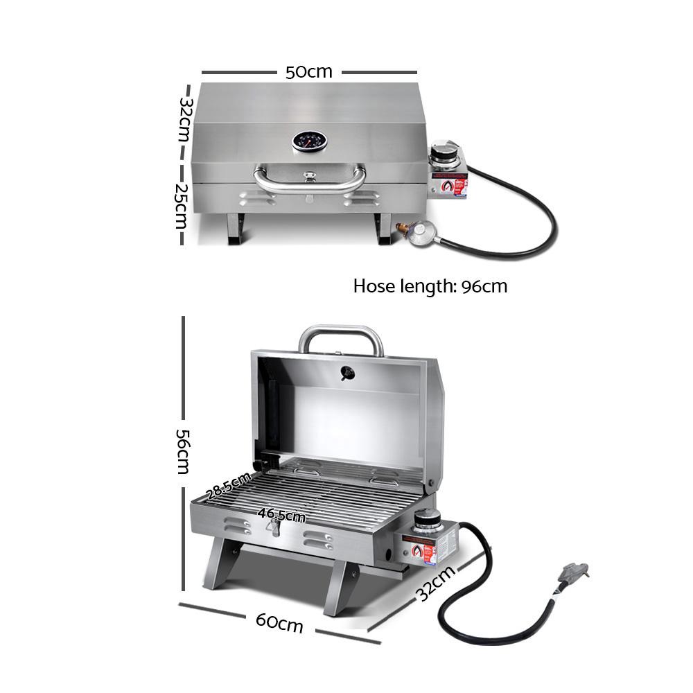 Grillz Portable Gas BBQ with foldable legs and stainless steel finish, showcasing its double-sided grill plate and integrated thermometer.