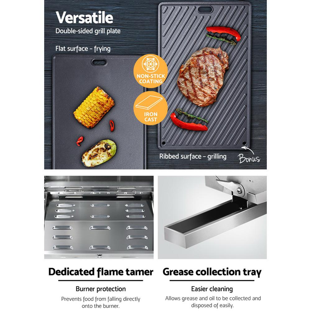 Grillz Portable Gas BBQ with foldable legs and stainless steel finish, showcasing its double-sided grill plate and integrated thermometer.