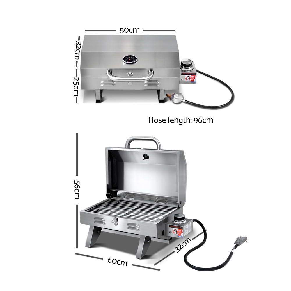 Grillz Portable Gas BBQ Grill Heater with stainless steel finish, foldable legs, and integrated thermometer, perfect for outdoor cooking.