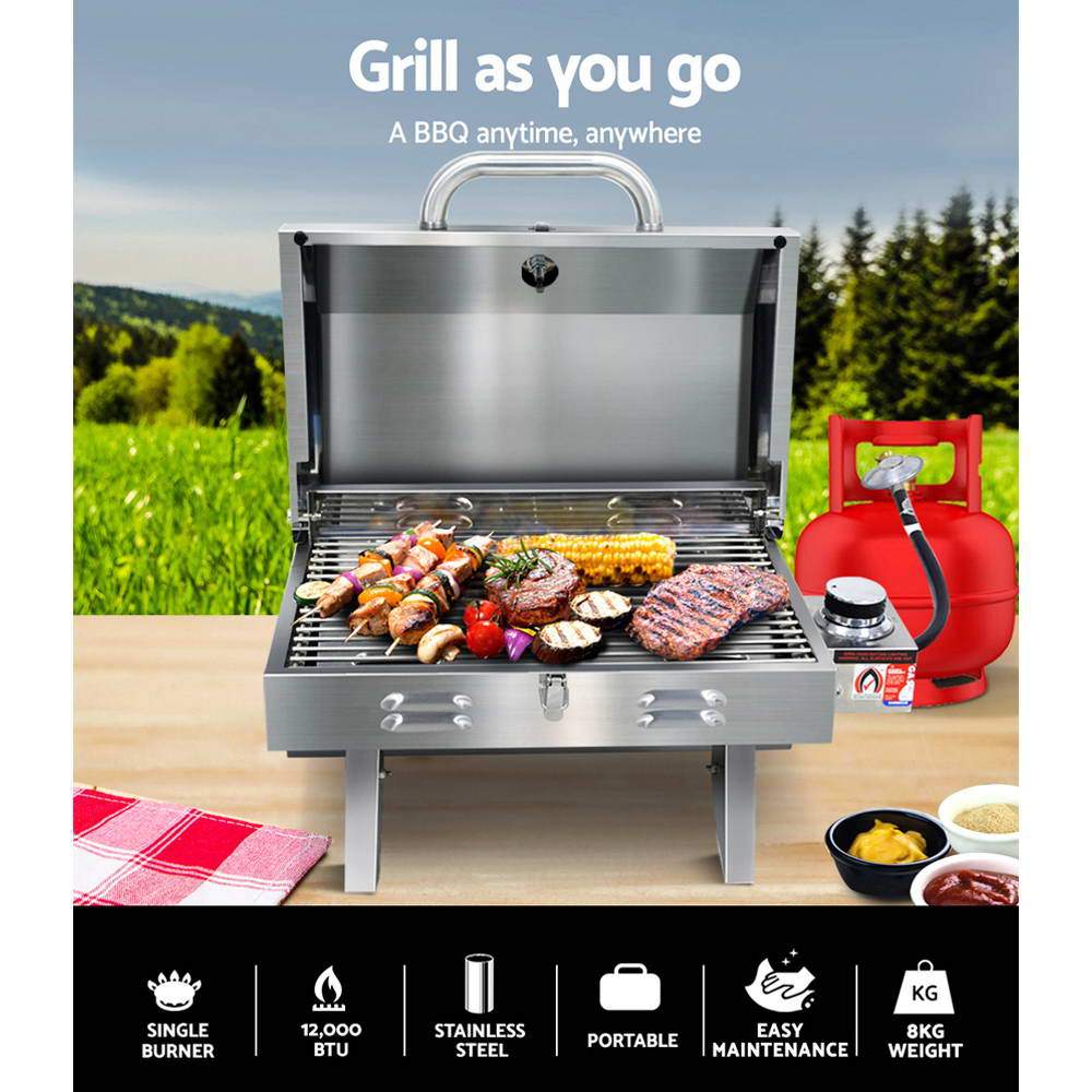 Grillz Portable Gas BBQ Grill Heater with stainless steel finish, foldable legs, and integrated thermometer, perfect for outdoor cooking.