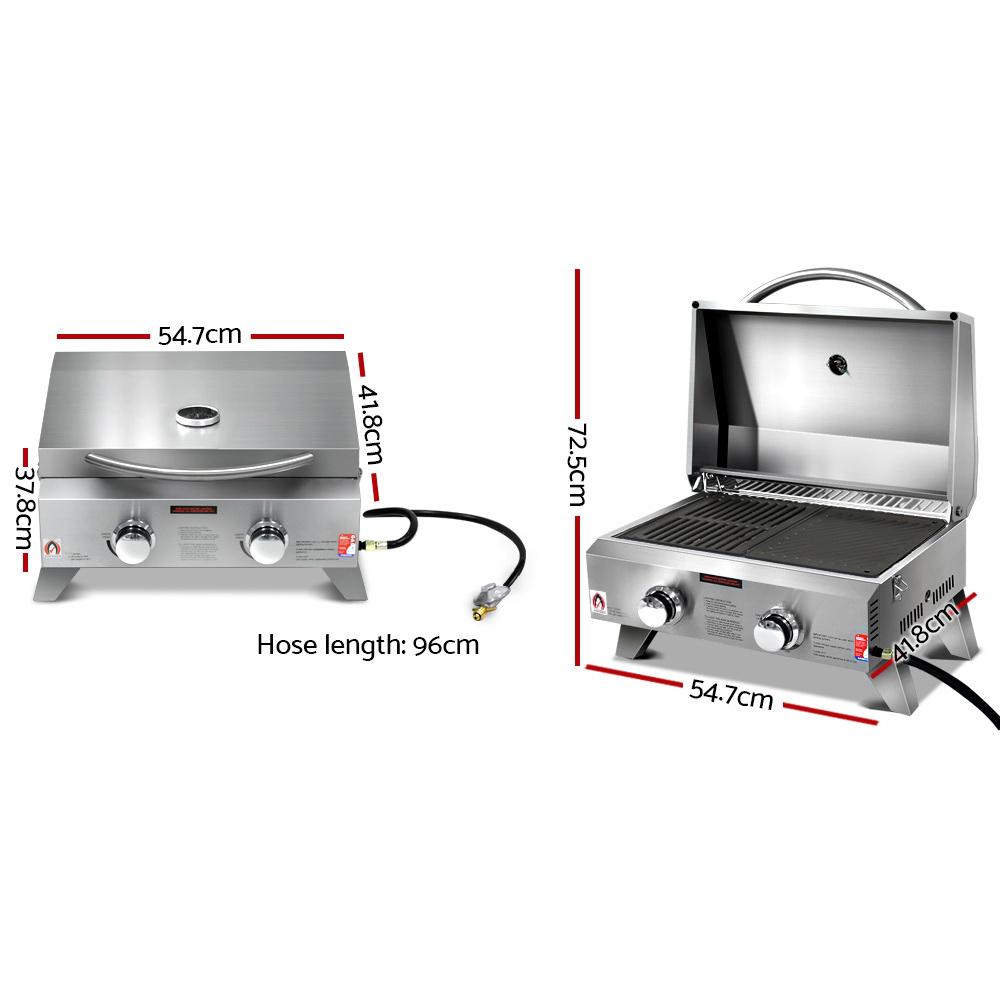 Grillz Portable Gas BBQ with two burners, stainless steel construction, and foldable legs, ideal for camping and outdoor cooking.