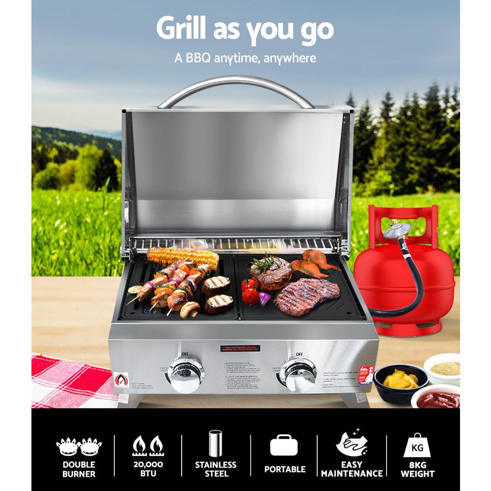 Grillz Portable Gas BBQ with two burners, stainless steel construction, and foldable legs, ideal for camping and outdoor cooking.