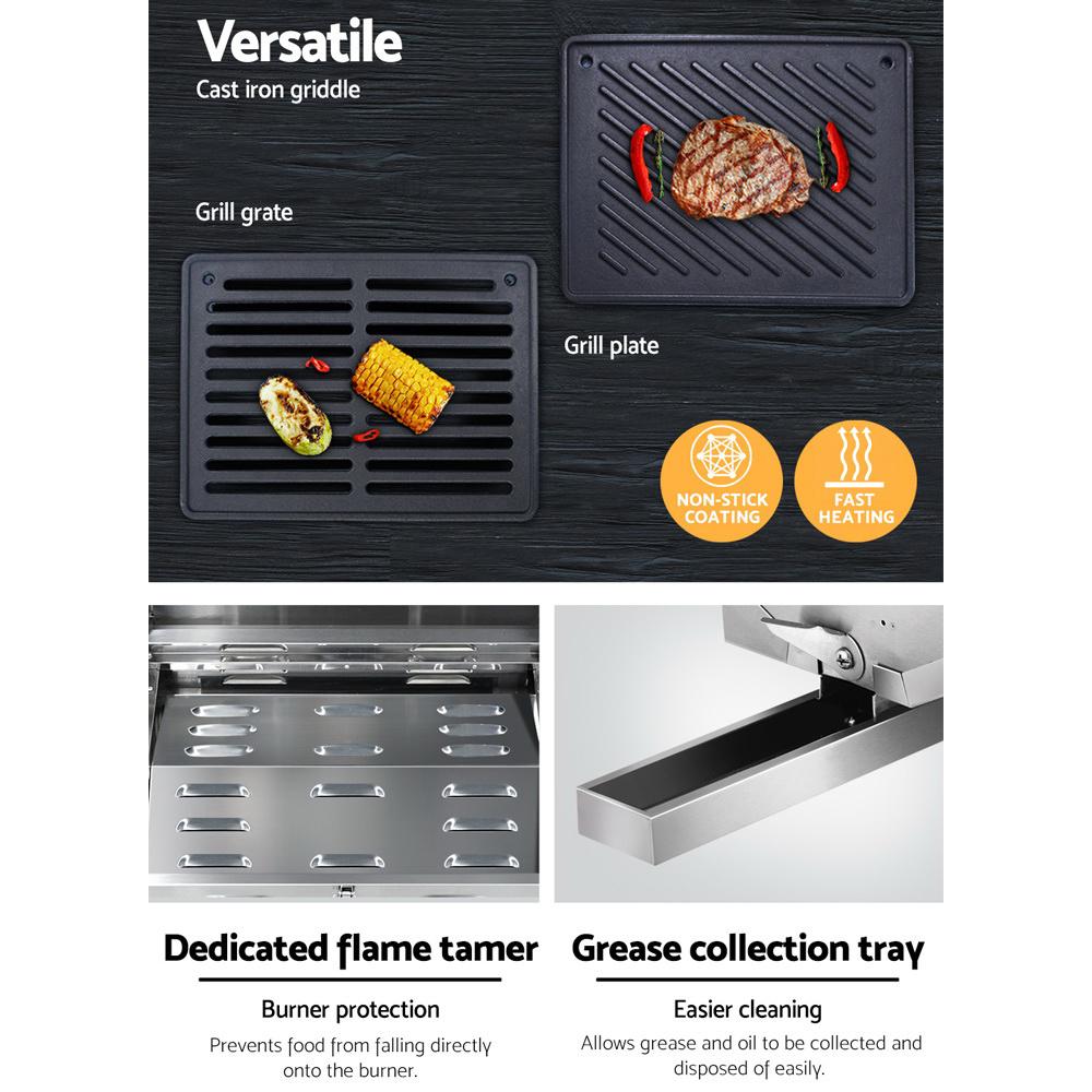 Grillz Portable Gas BBQ with two burners, stainless steel construction, and foldable legs, ideal for camping and outdoor cooking.