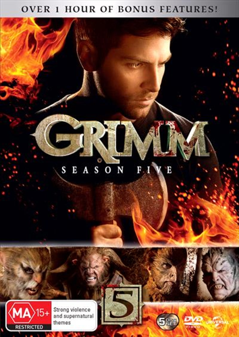 Grimm - Season 5 DVD cover featuring Nick Burkhardt and Adalind, showcasing the dark and thrilling essence of the series.