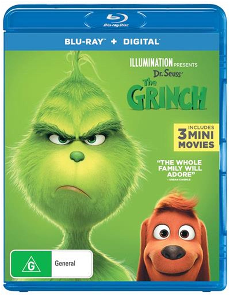 The Grinch Blu-ray cover featuring the Grinch and his dog Max in a festive setting.