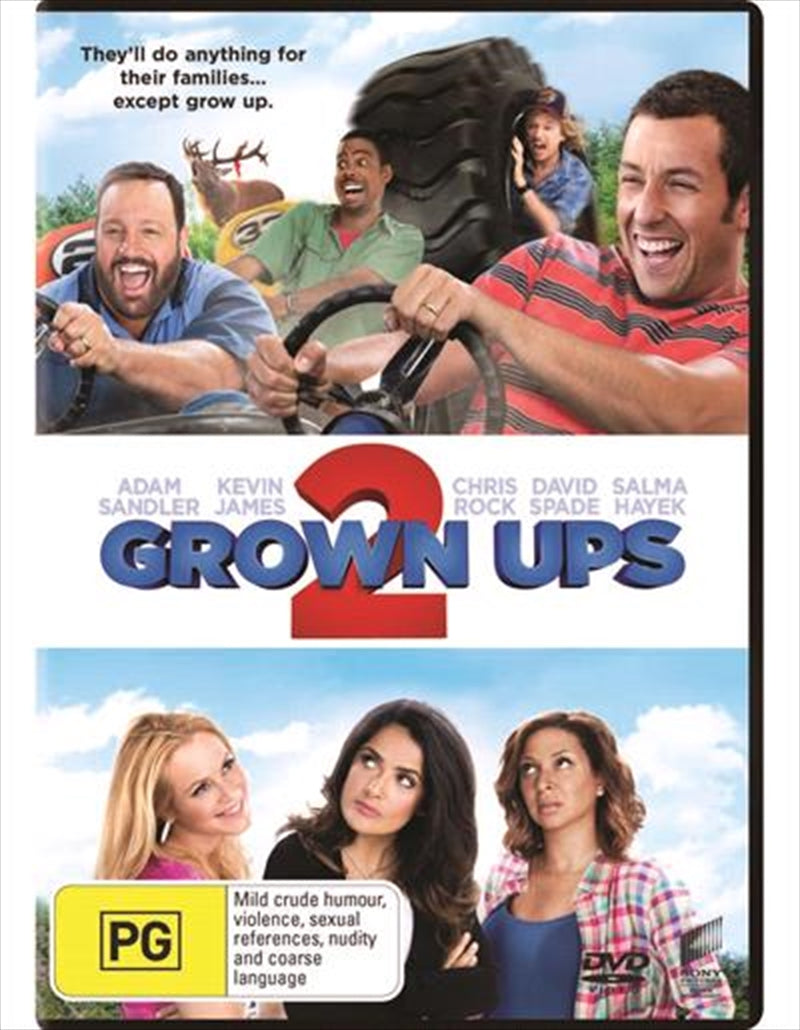 Grown Ups 2 DVD cover featuring Adam Sandler and friends in a comedic scene.