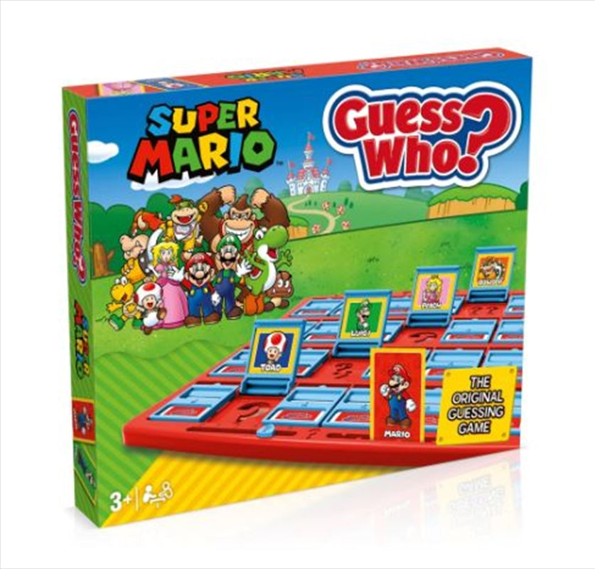 Guess Who - Super Mario Edition game featuring colorful character cards and game grid, perfect for family fun.