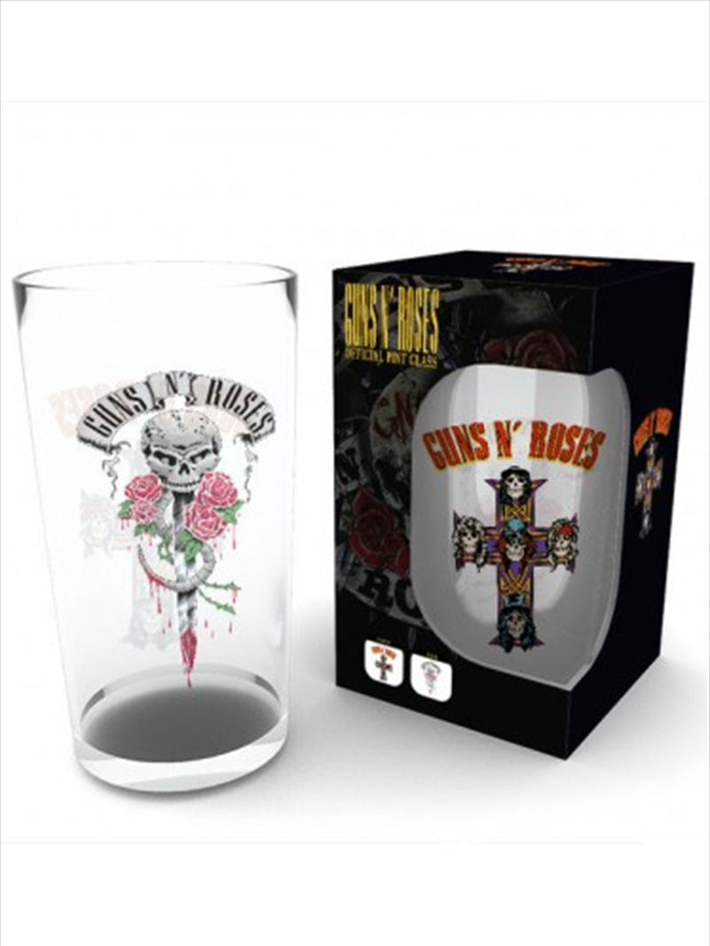 A large glass featuring the iconic Guns n Roses logo, perfect for fans and collectors.