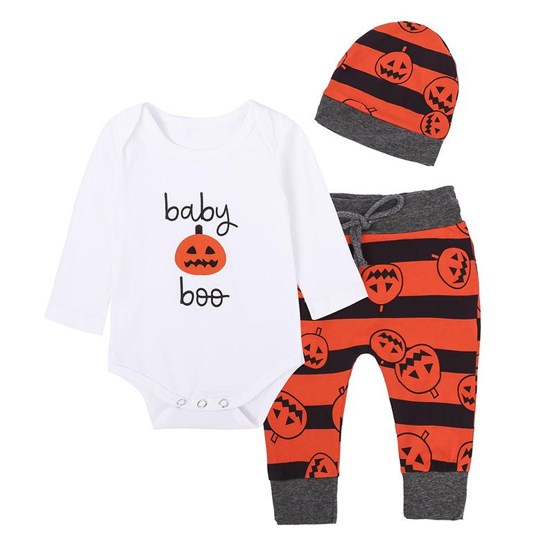 Adorable Halloween costume for newborns featuring a three-piece outfit set with a top, pants, and hat, made from 100% cotton.