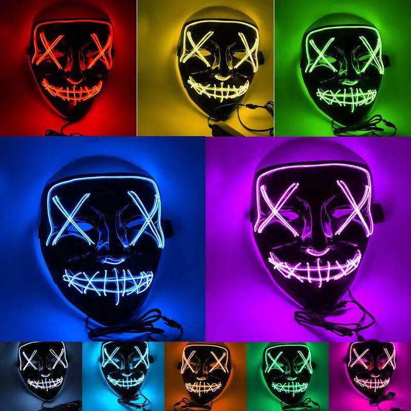 Colorful LED light-up party mask designed for Halloween, featuring full face coverage and a Purge theme.