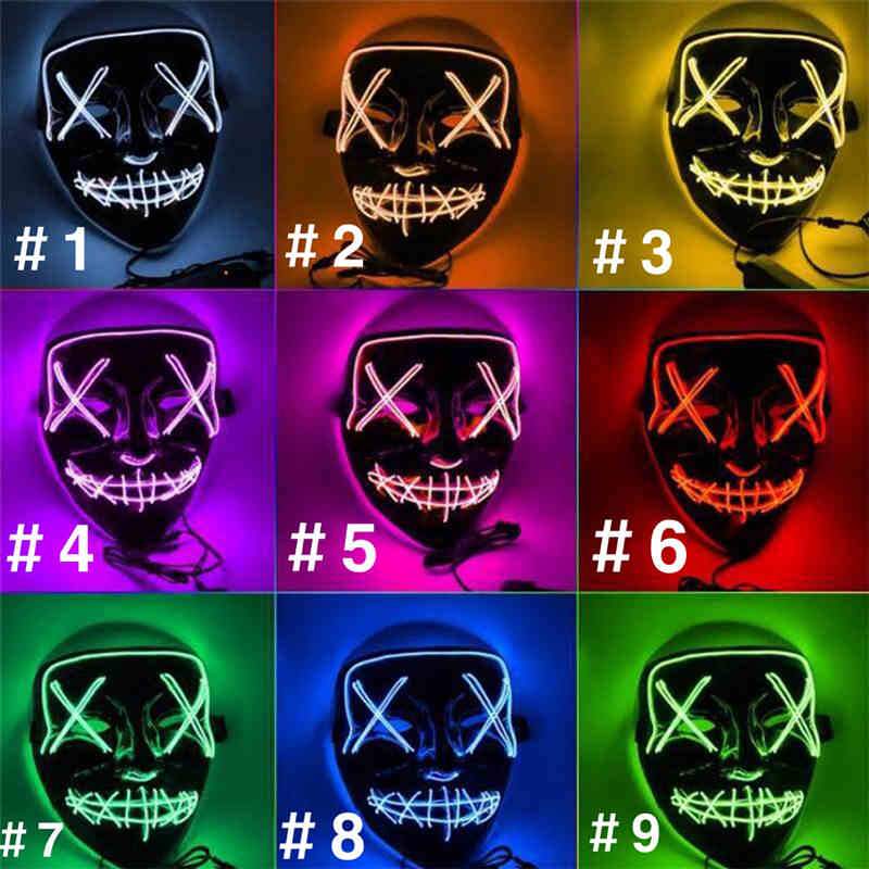 Colorful LED light-up party mask designed for Halloween, featuring full face coverage and a Purge theme.