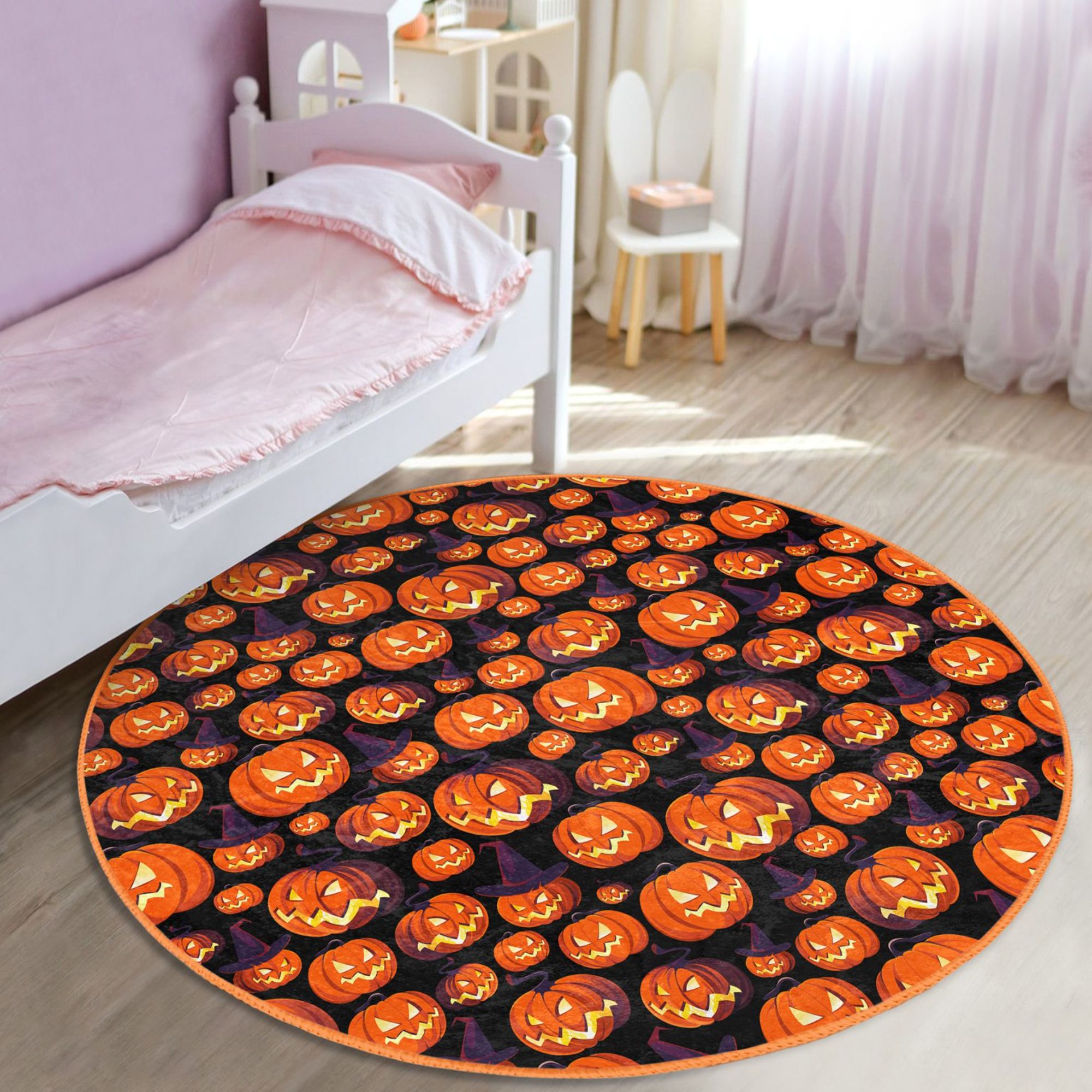 A colorful Halloween pumpkin pattern rug designed for kids, featuring vibrant pumpkins and fall-themed colors, perfect for seasonal decor.