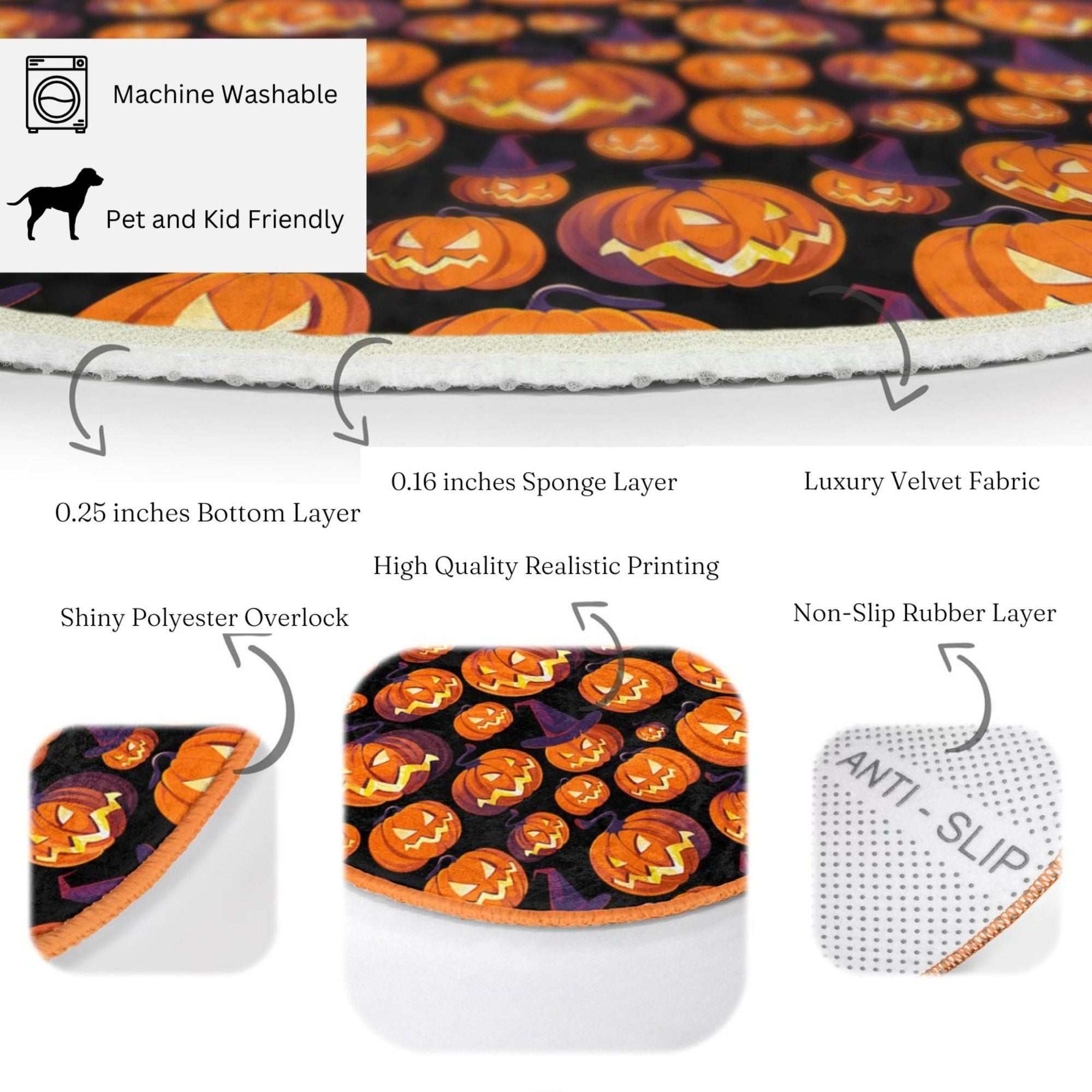 A colorful Halloween pumpkin pattern rug designed for kids, featuring vibrant pumpkins and fall-themed colors, perfect for seasonal decor.