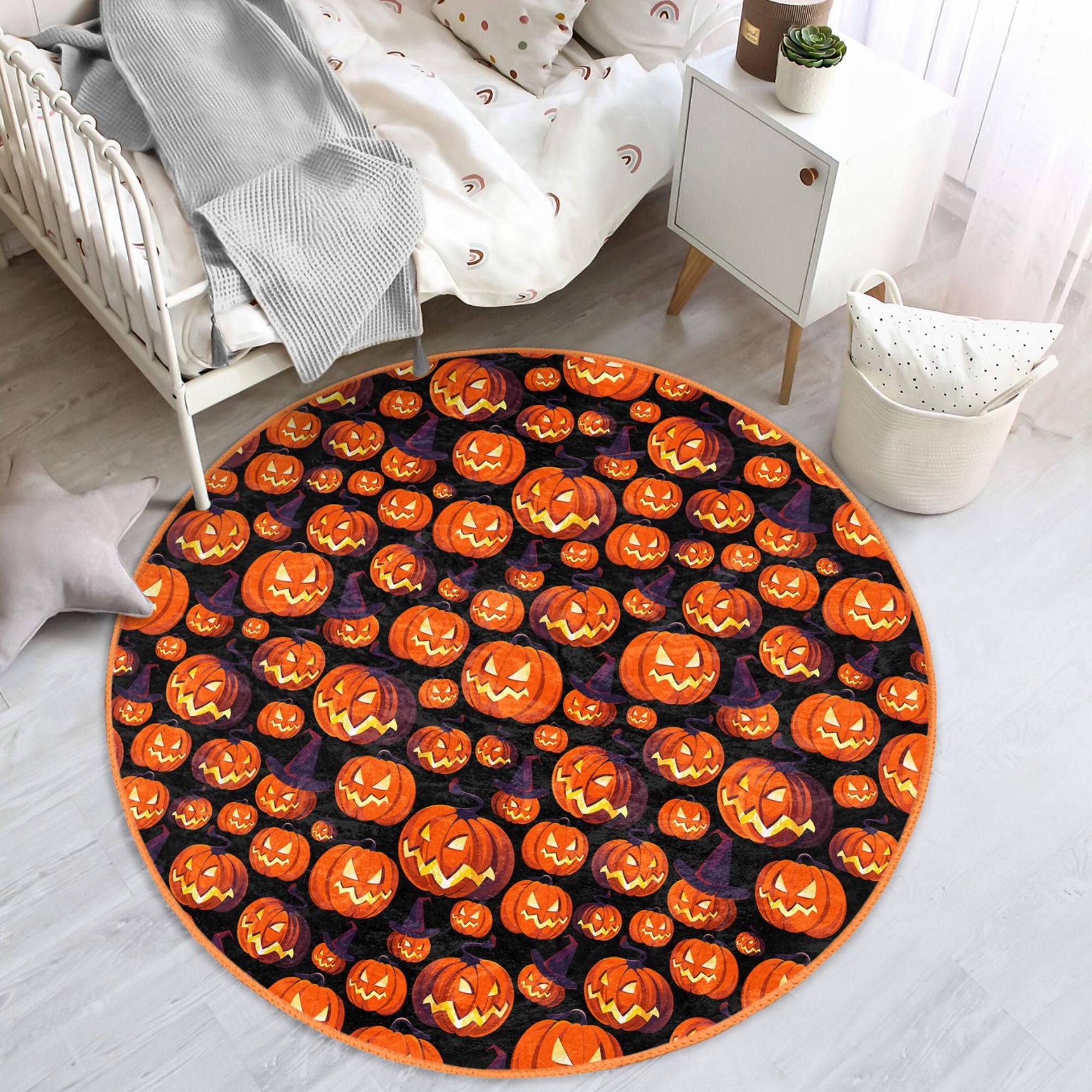 A colorful Halloween pumpkin pattern rug designed for kids, featuring vibrant pumpkins and fall-themed colors, perfect for seasonal decor.