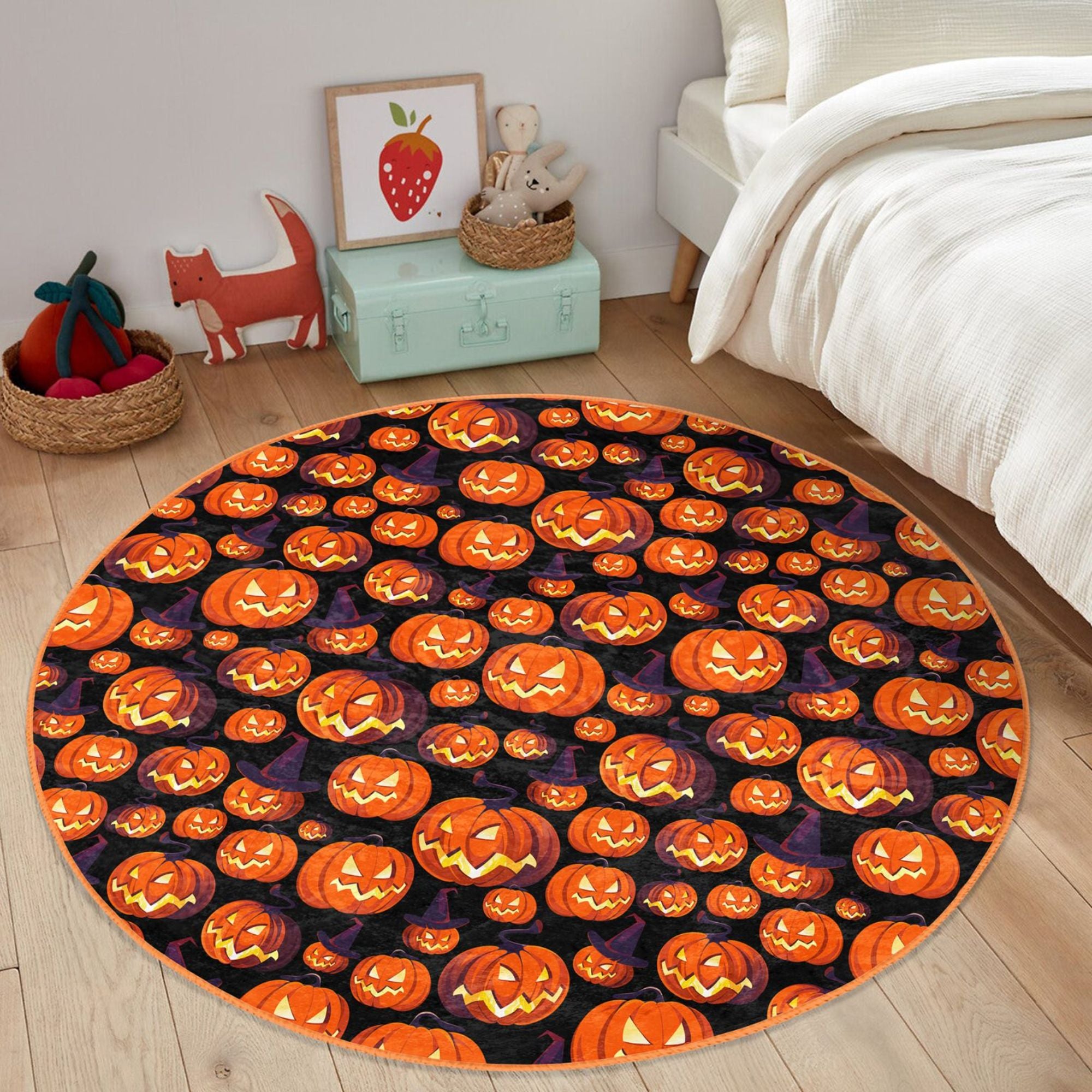 A colorful Halloween pumpkin pattern rug designed for kids, featuring vibrant pumpkins and fall-themed colors, perfect for seasonal decor.