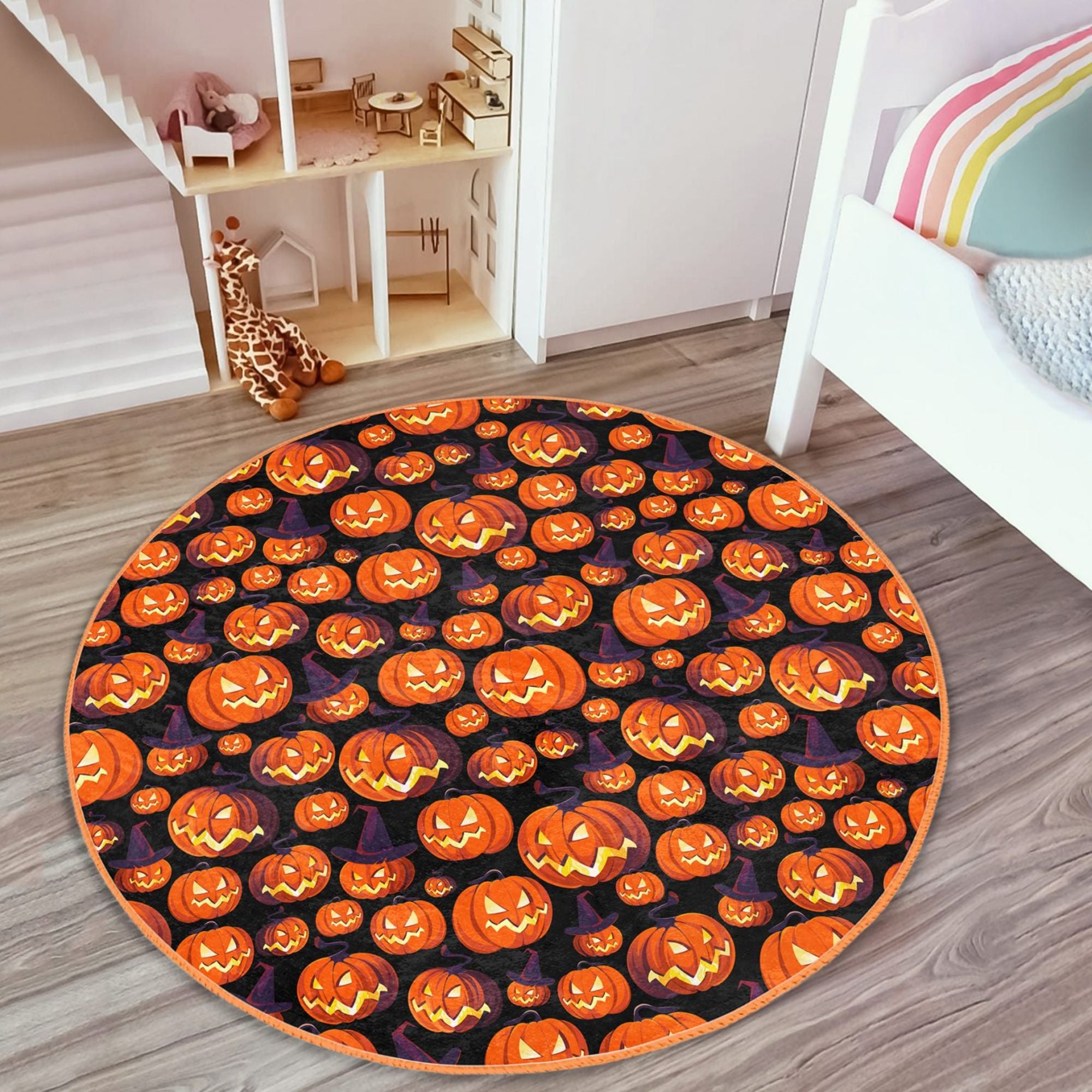 A colorful Halloween pumpkin pattern rug designed for kids, featuring vibrant pumpkins and fall-themed colors, perfect for seasonal decor.