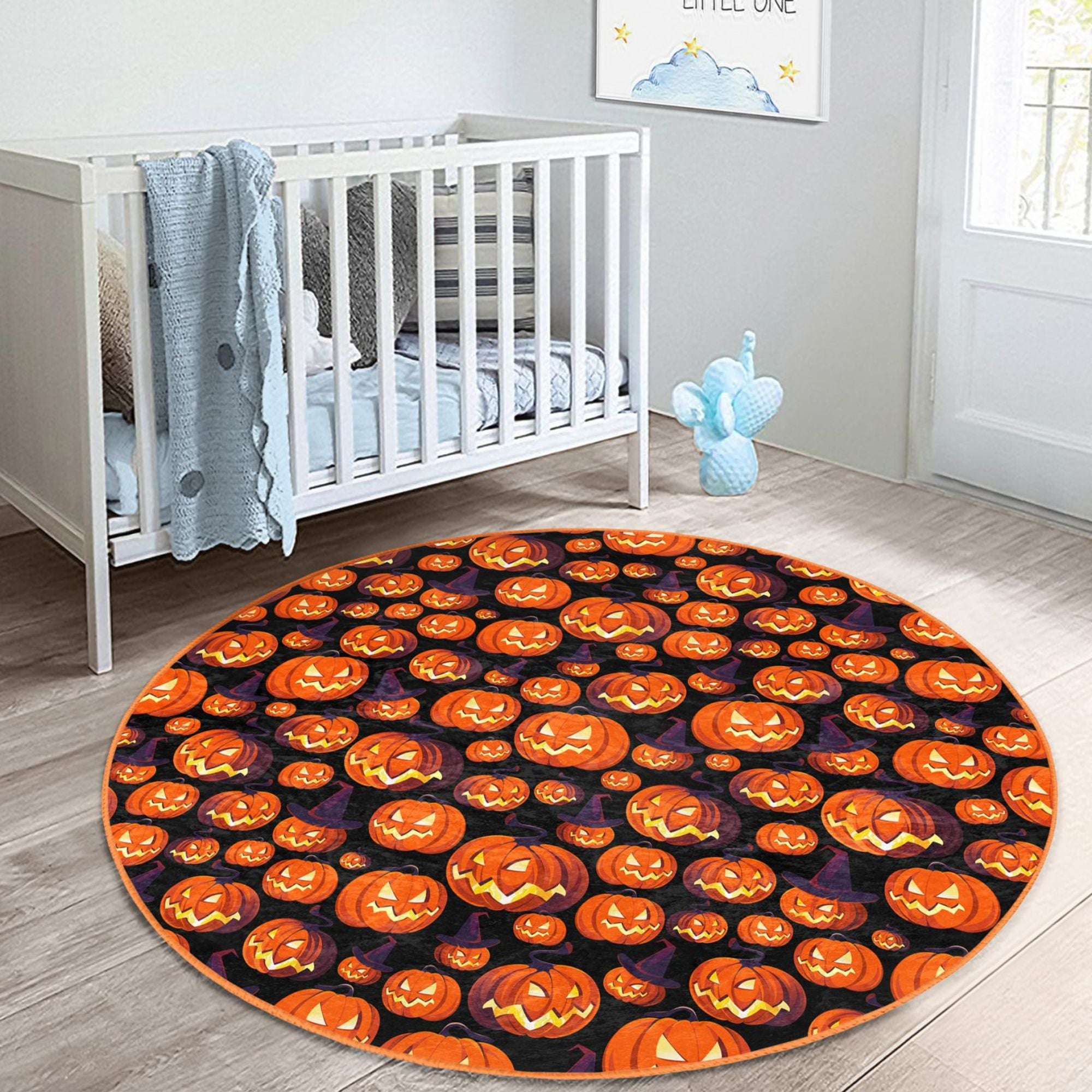 A colorful Halloween pumpkin pattern rug designed for kids, featuring vibrant pumpkins and fall-themed colors, perfect for seasonal decor.