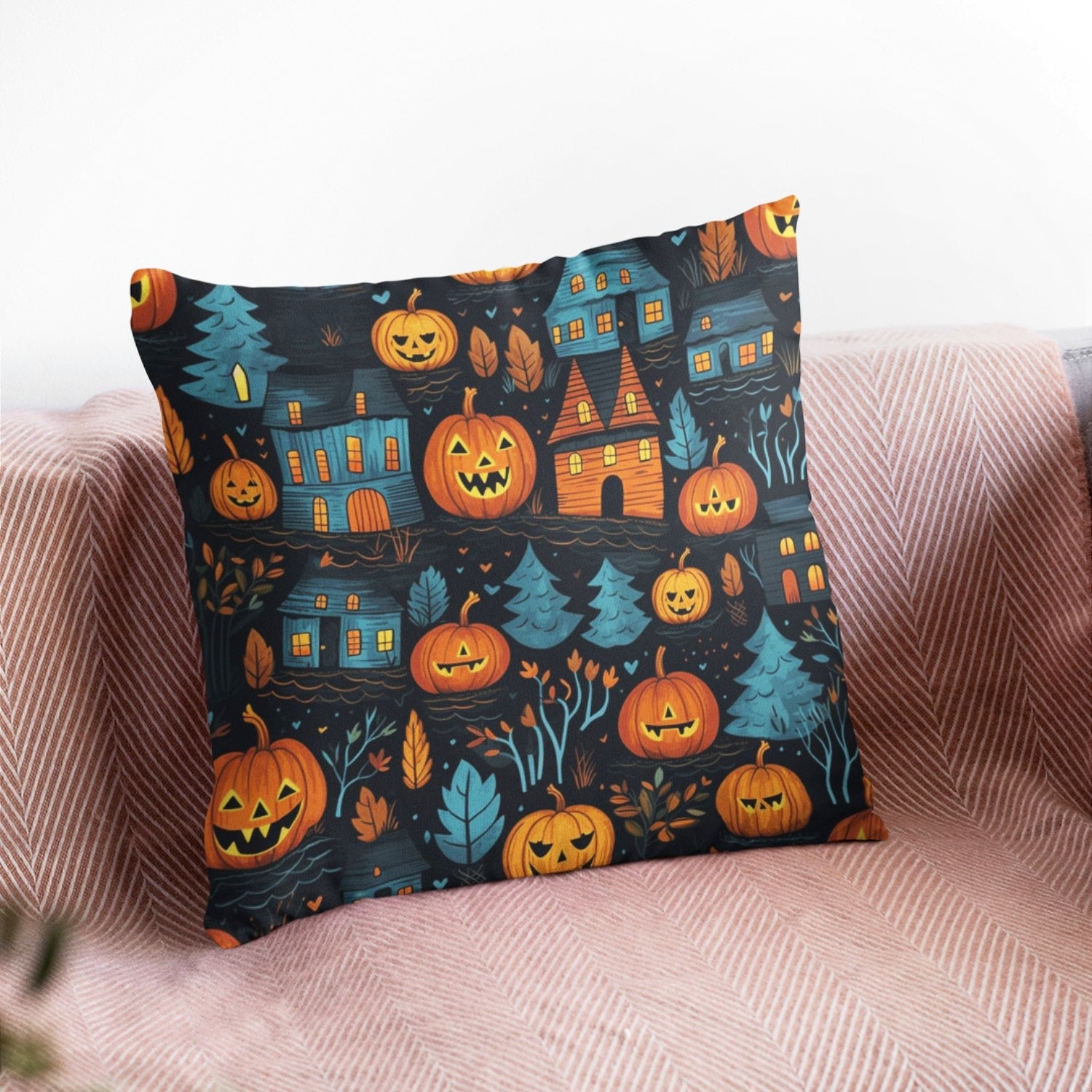 Halloween Throw Pillow featuring vibrant seasonal designs, made from durable fabric, perfect for fall home decor.