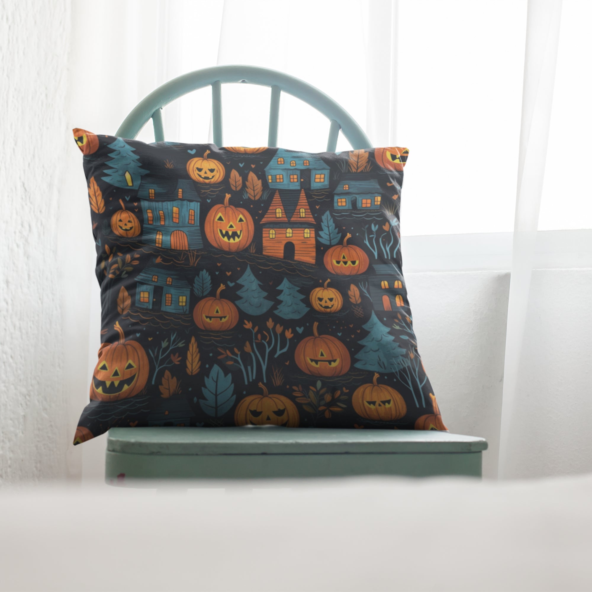 Halloween Throw Pillow featuring vibrant seasonal designs, made from durable fabric, perfect for fall home decor.