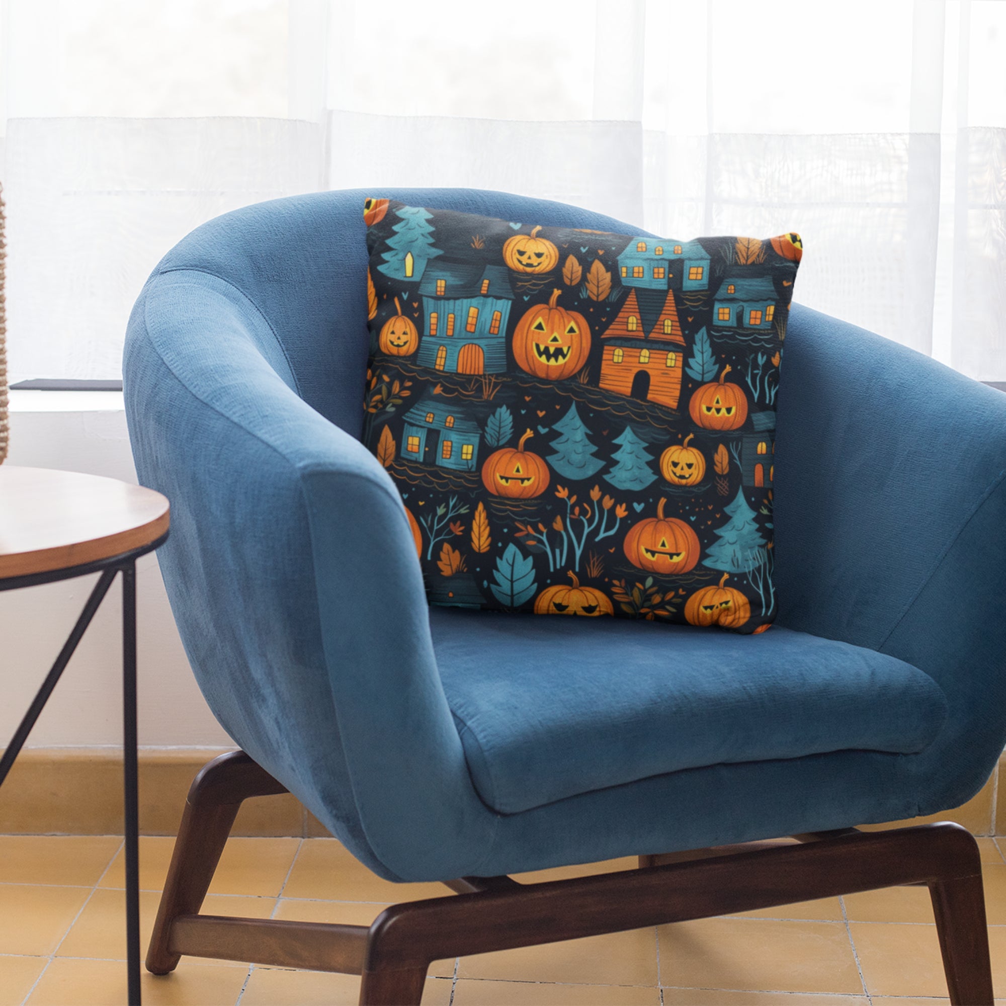 Halloween Throw Pillow featuring vibrant seasonal designs, made from durable fabric, perfect for fall home decor.