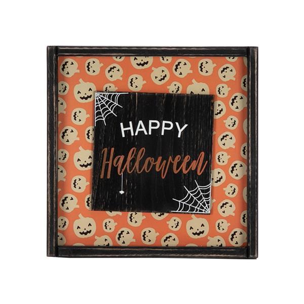 A cheerful Halloween wood wall sign featuring a happy pumpkin design with an orange bottom, perfect for festive decorations.