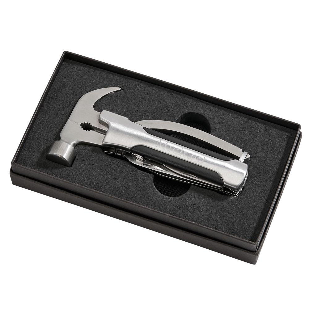 A stainless steel Hammer Multi Tool featuring various tools including a hammer, pliers, and screwdrivers, displayed in a black pouch.