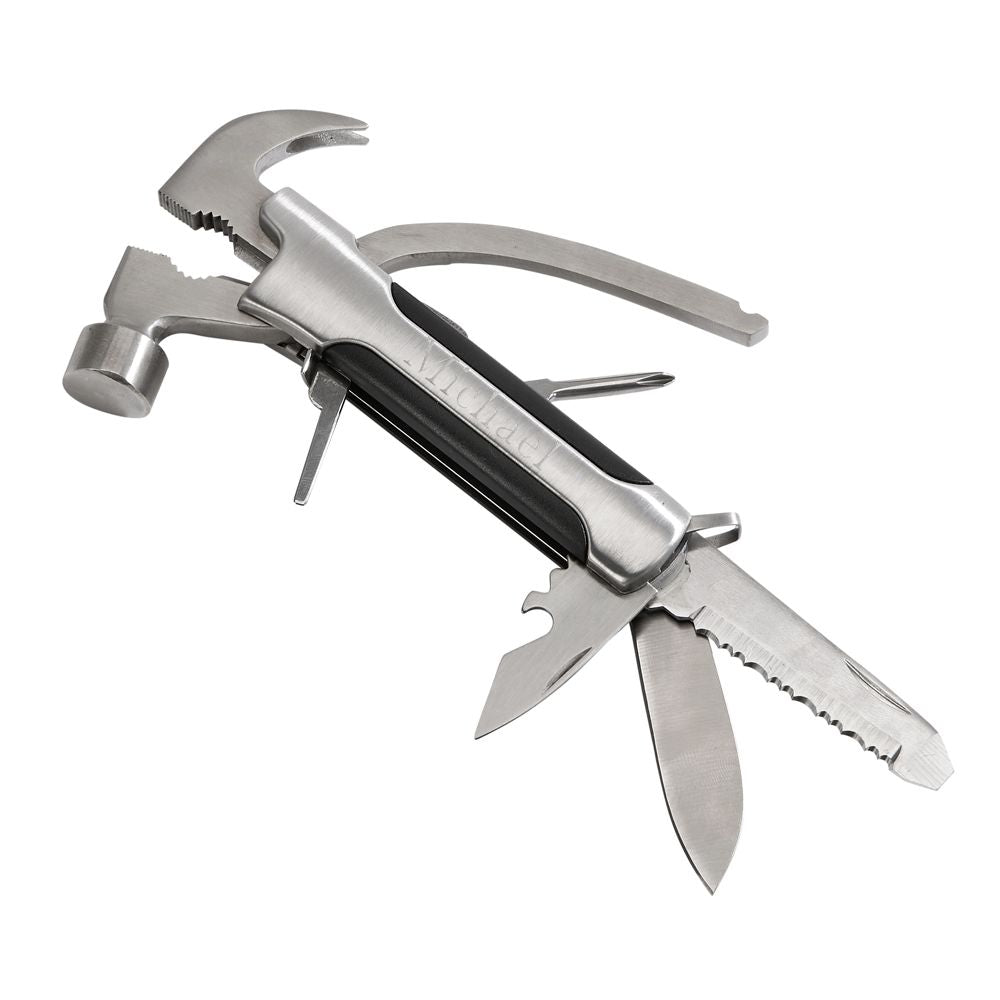 A stainless steel Hammer Multi Tool featuring various tools including a hammer, pliers, and screwdrivers, displayed in a black pouch.