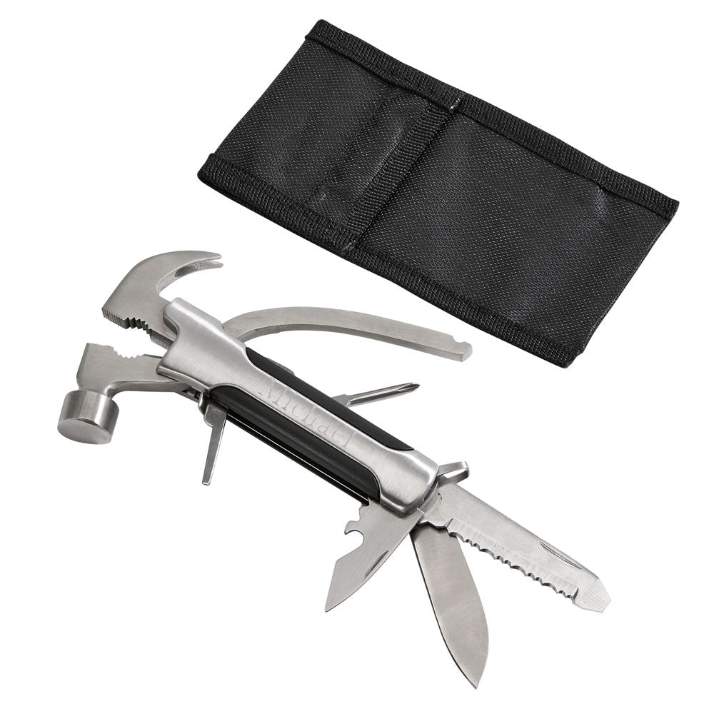 A stainless steel Hammer Multi Tool featuring various tools including a hammer, pliers, and screwdrivers, displayed in a black pouch.