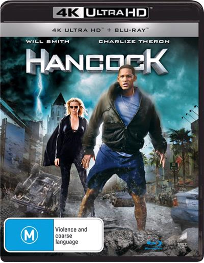 Hancock Blu-ray + UHD cover featuring Will Smith and Charlize Theron in action-packed scenes.