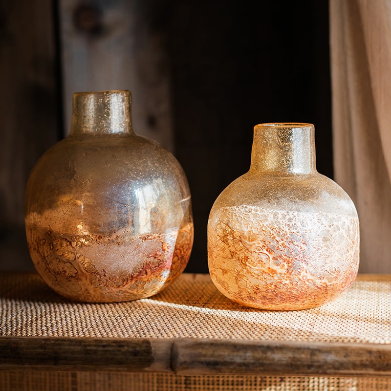 Hand Blown Bubble Glass Bud Vase in Amber, showcasing a textured finish and unique shape, perfect for floral arrangements.