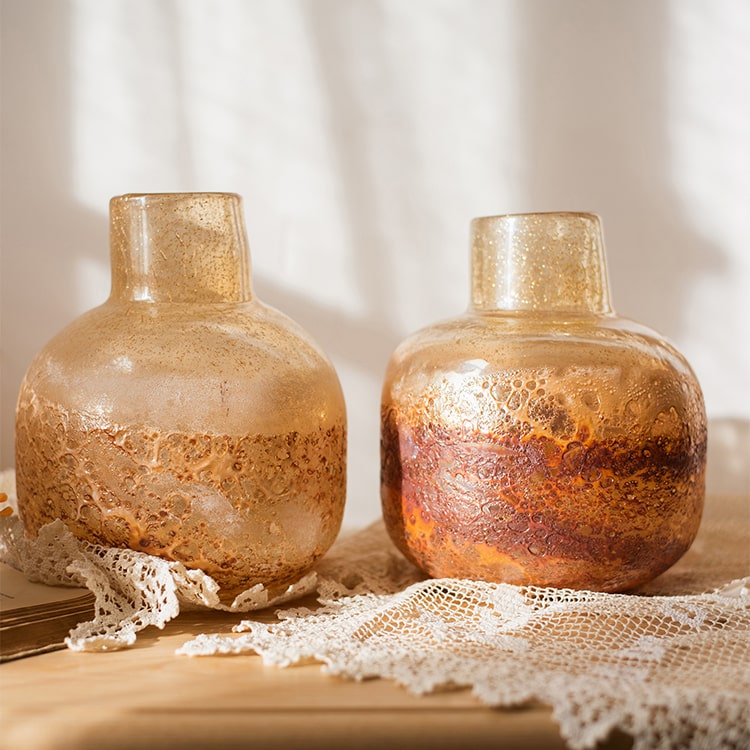 Hand Blown Bubble Glass Bud Vase in Amber, showcasing a textured finish and unique shape, perfect for floral arrangements.