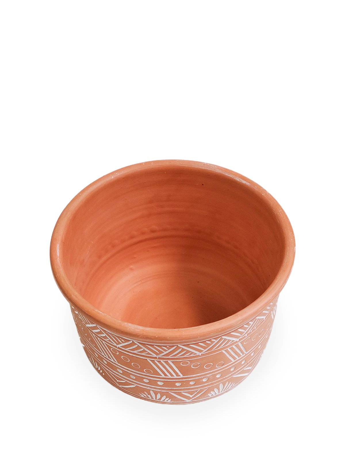 Large hand-etched terracotta pot showcasing intricate designs, perfect for indoor and outdoor plants.