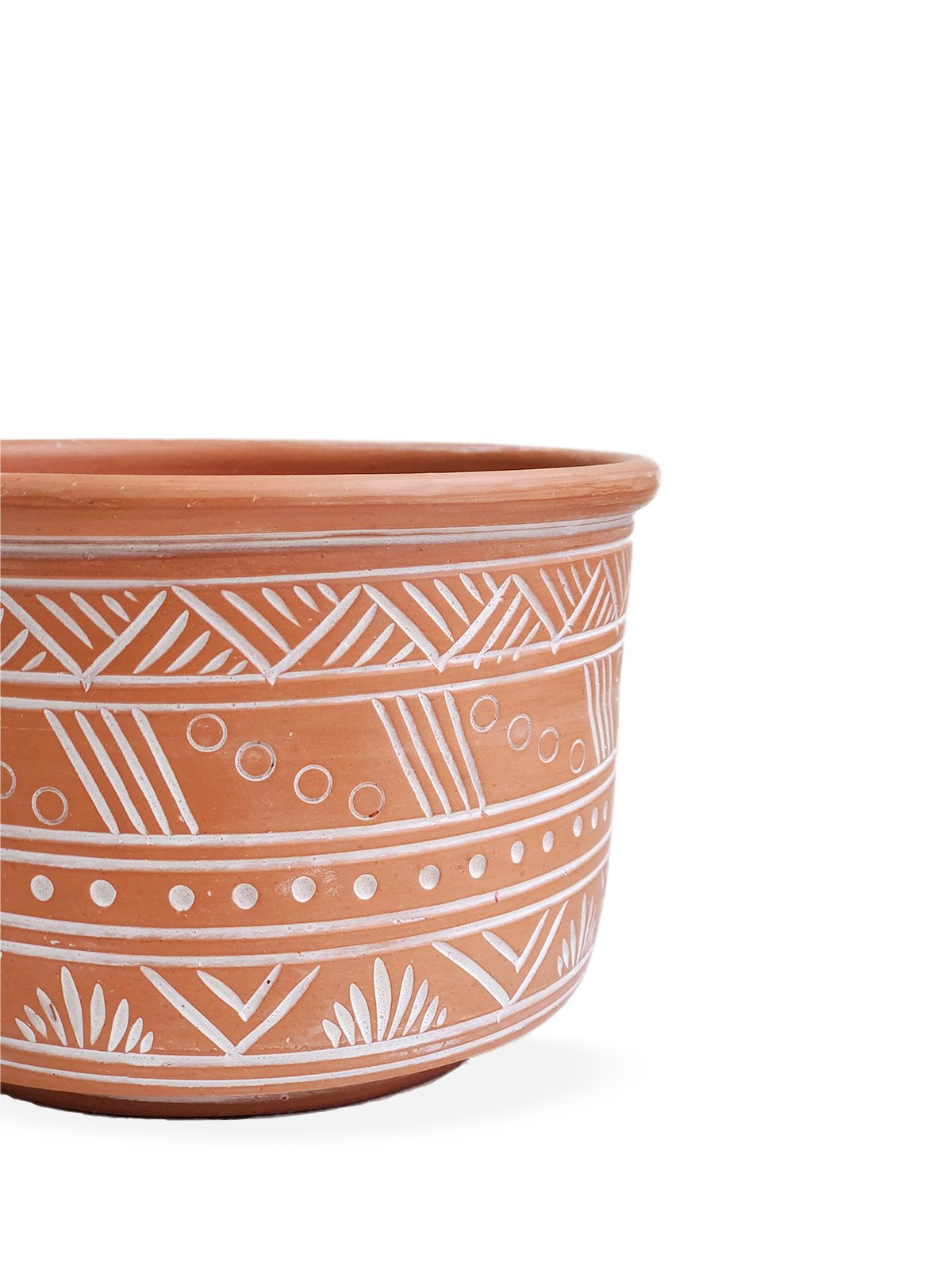 Large hand-etched terracotta pot showcasing intricate designs, perfect for indoor and outdoor plants.