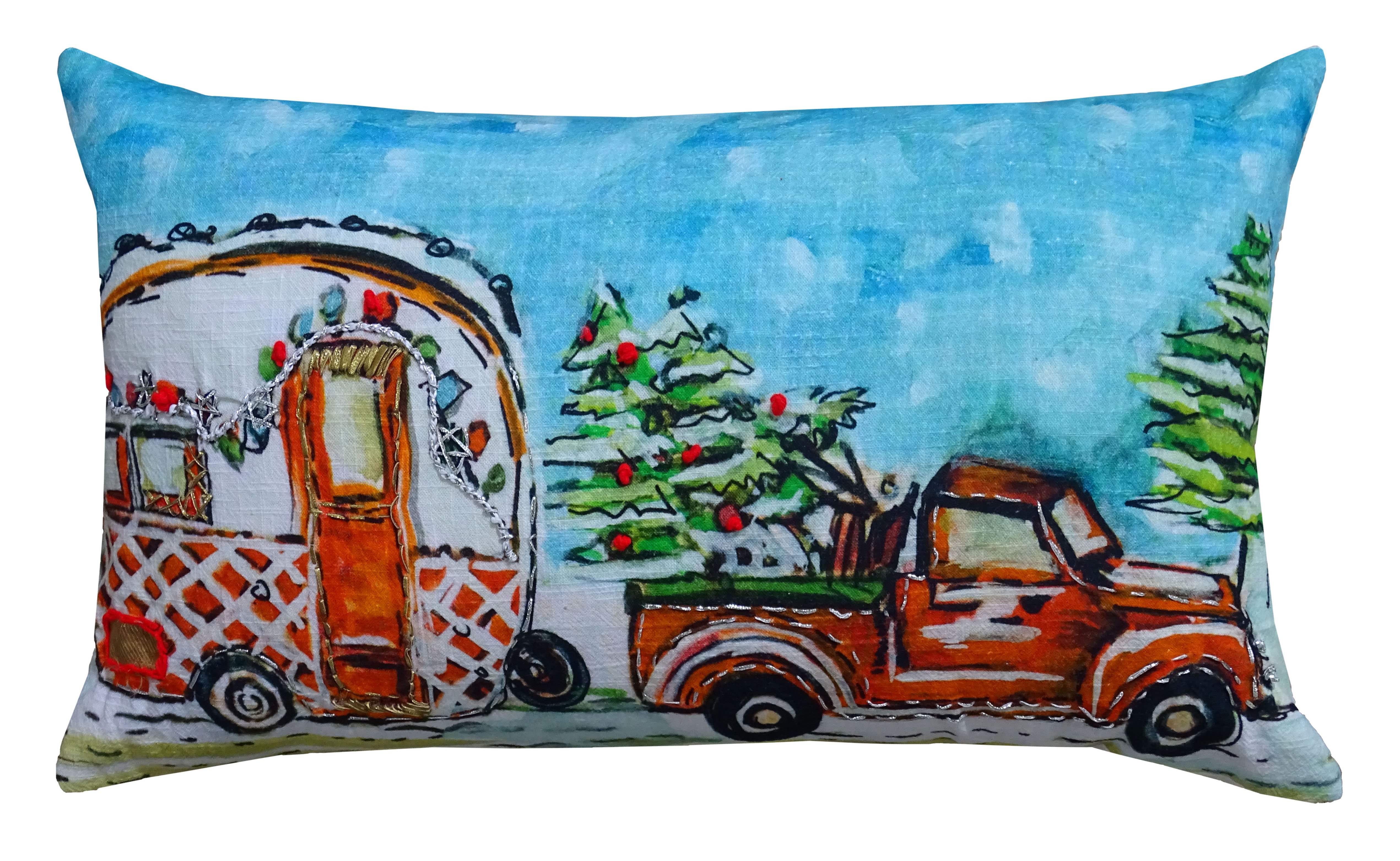 Hand Illustrated Christmas Cravan Holiday Pillow featuring festive designs, measuring 14x20 inches, made of cotton slub with zipper closure.