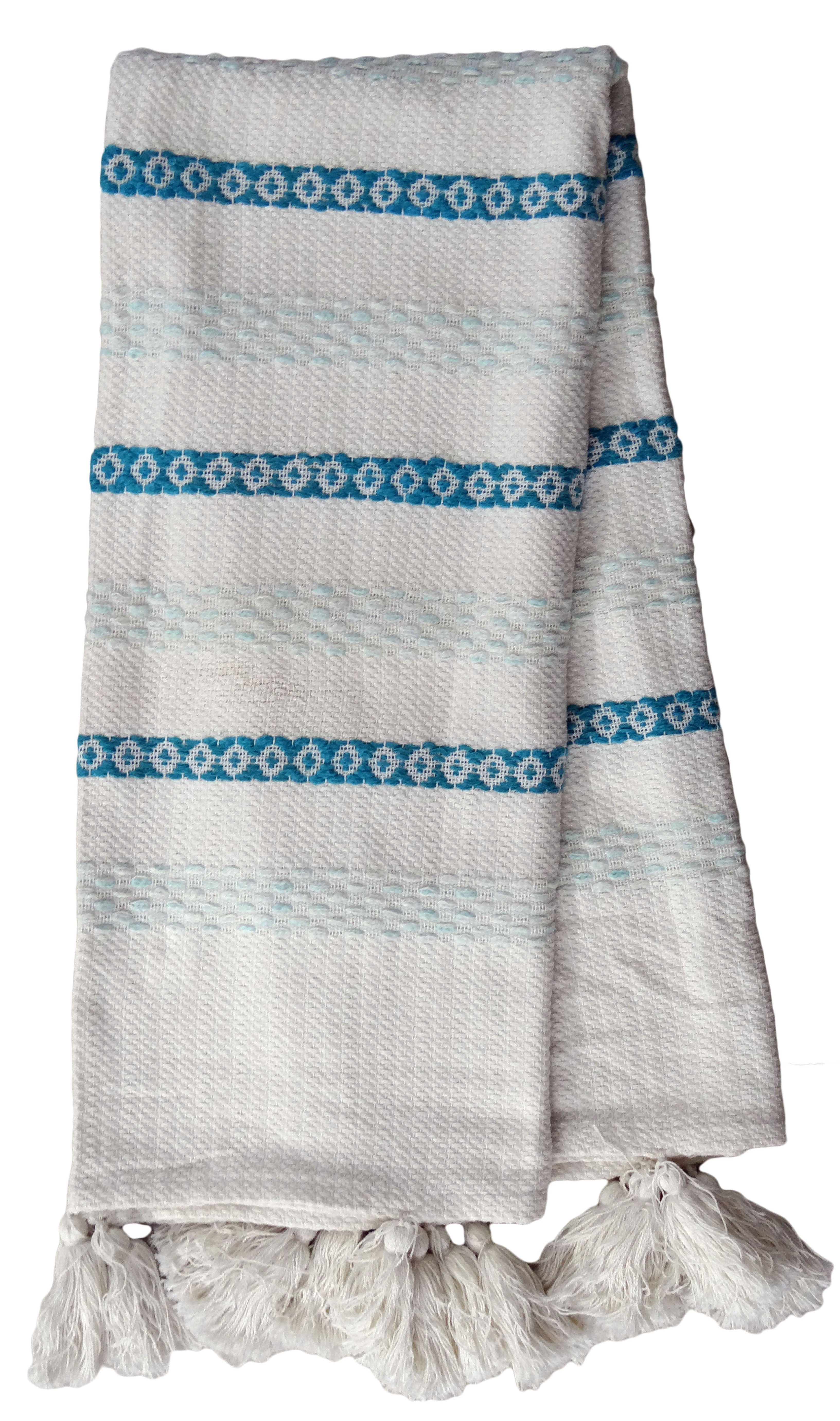 Handloom woven throw blanket in turquoise and white with chunky tassels, showcasing slub texture and elegant design.