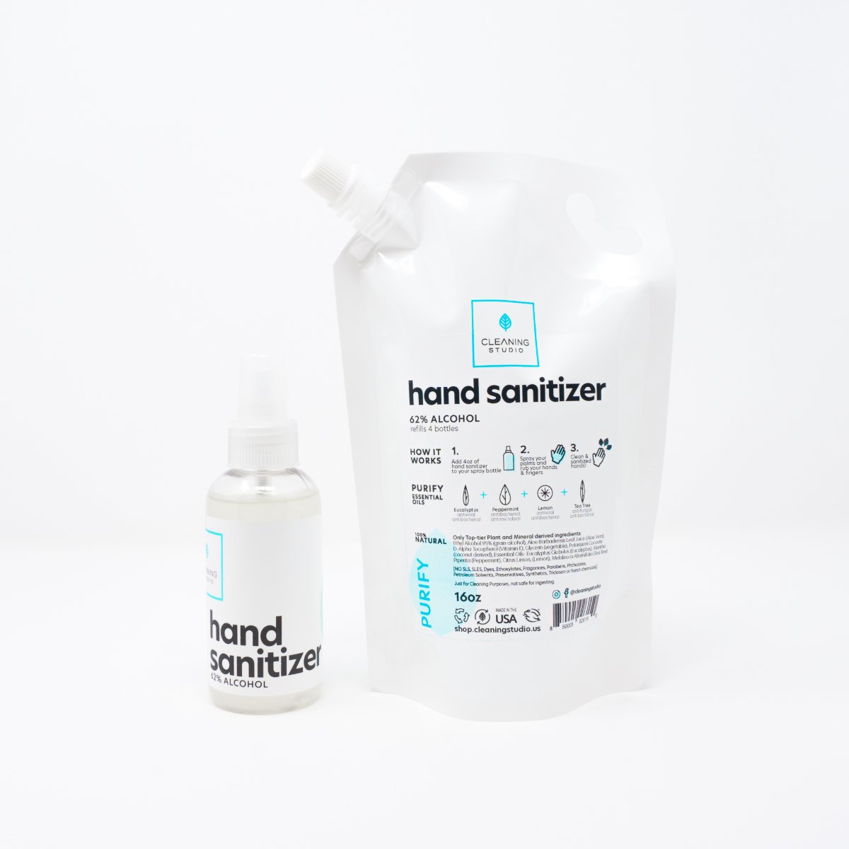 Hand Sanitizer Spray and Refill Bag featuring Purify Essential Oil Blend with Eucalyptus, Peppermint, Lemon, and Tea Tree.