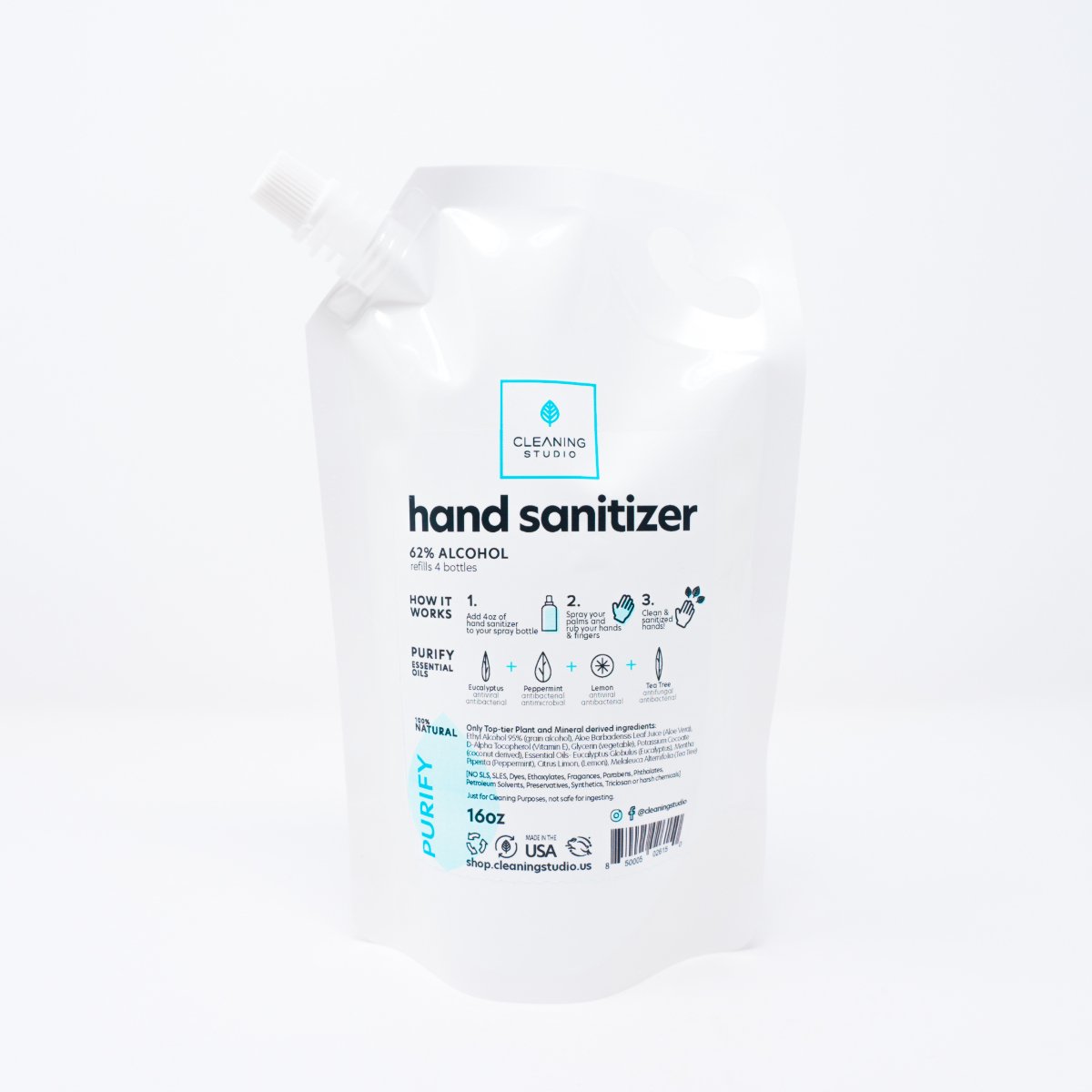 Hand Sanitizer Spray and Refill Bag featuring Purify Essential Oil Blend with Eucalyptus, Peppermint, Lemon, and Tea Tree.