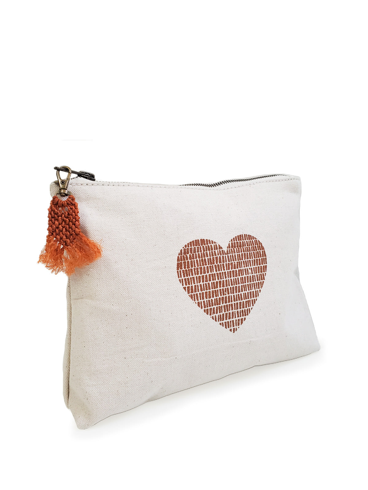 Hand screen printed cotton canvas pouch with hemp tassel, featuring a cinnamon color print on natural cream fabric.