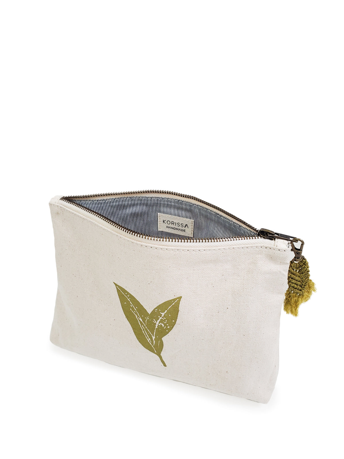 Hand screen printed cotton canvas pouch featuring a natural cream color with green print and a handwoven hemp tassel.